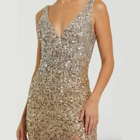 NWT MAC DUGGAL Dress 0 Evening Gown Sequin Ombre Gold Silver V Neck Slit #7968 - Picture 2 of 12